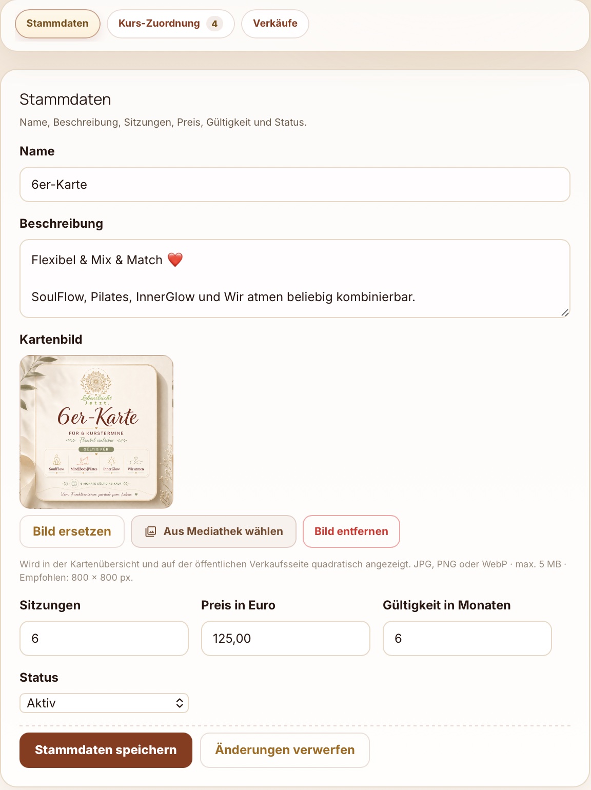 Detaillierte Karten-Einstellungen mit Preisgestaltung und Aktivierungslogik in Casepoint