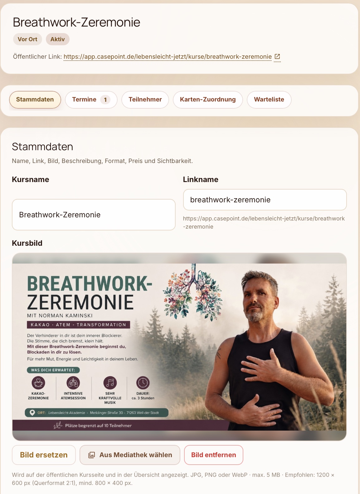 Kurs-Stammdaten und Wiederholungsregel im Casepoint Adminbereich