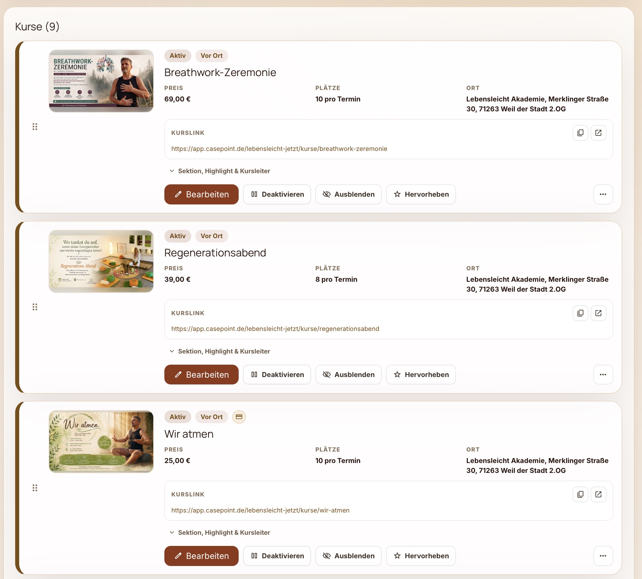 Admin-Übersicht aller Kurse in Casepoint mit Belegungs- und Statusinformationen