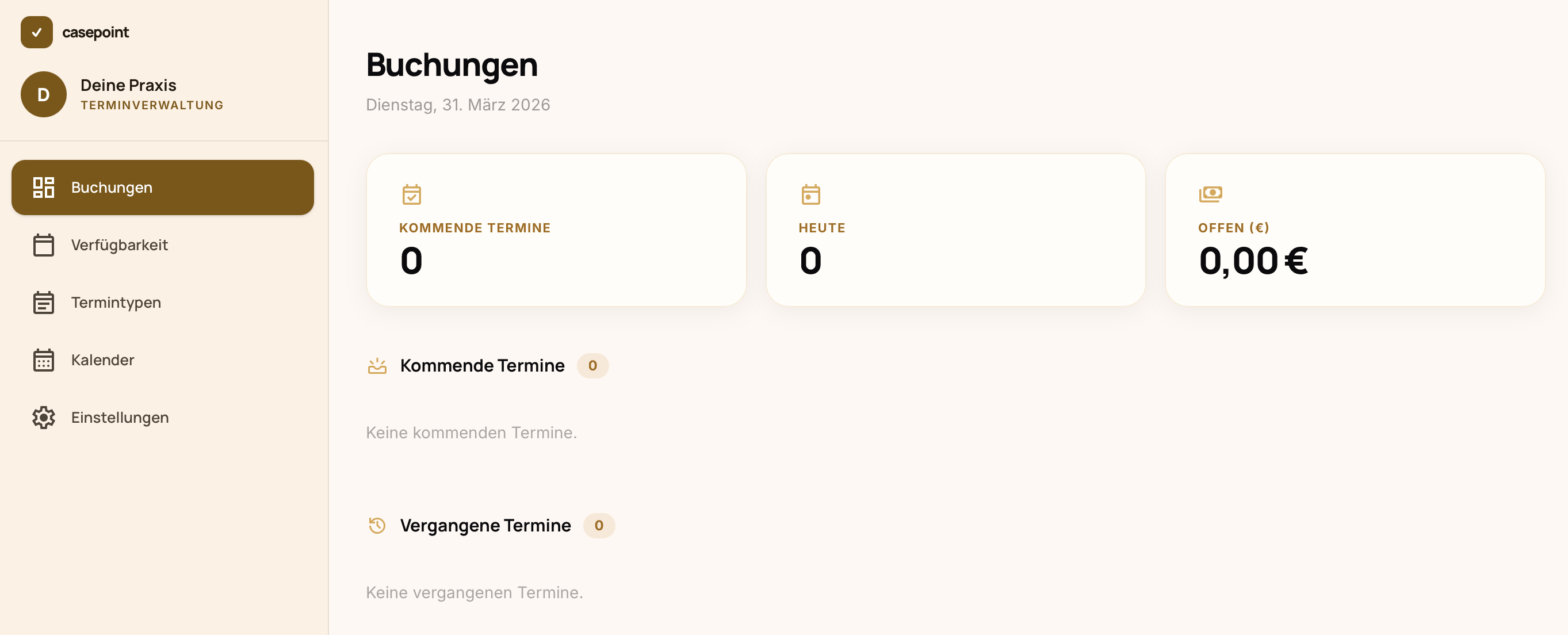 Casepoint Übersicht der Buchungen im Praxisbereich