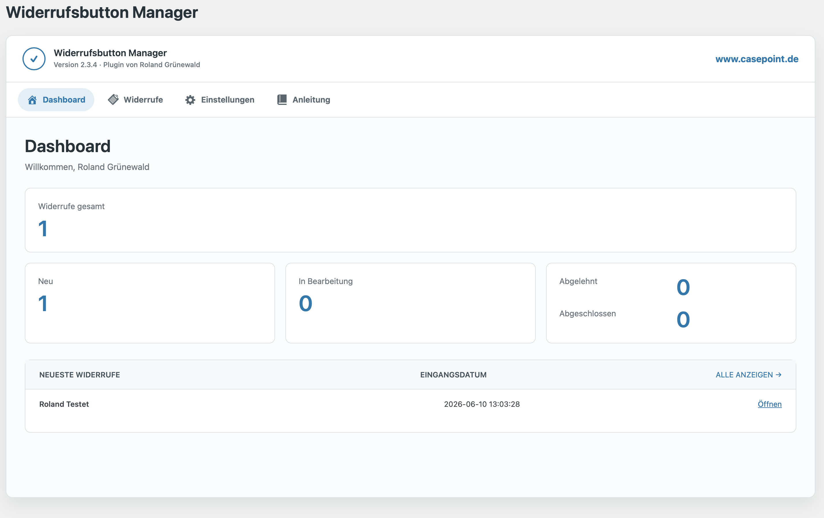Dashboard des Widerrufsbutton Managers mit Status-Übersicht im WordPress-Backend