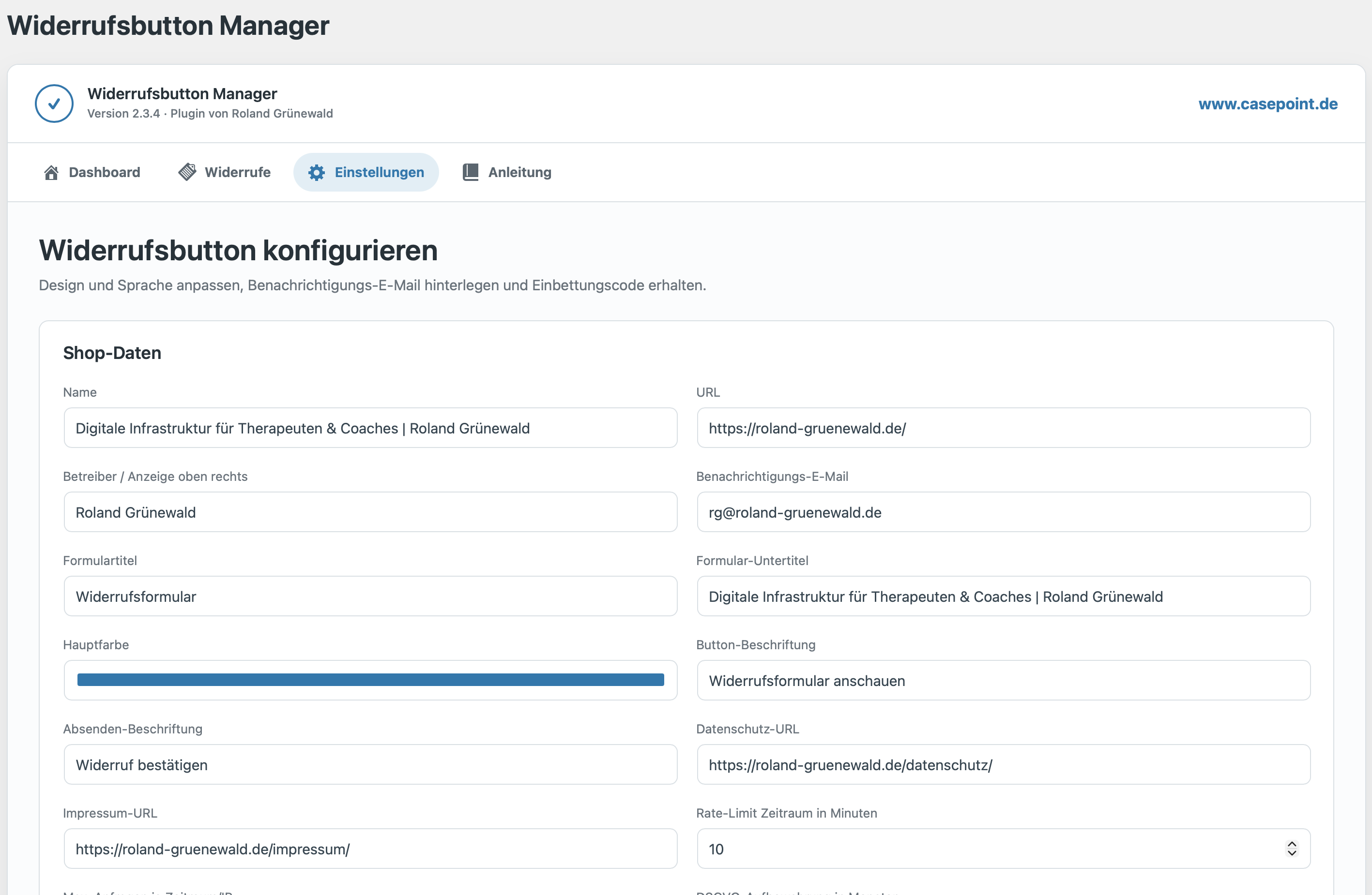 Einstellungsseite des Widerrufsbutton Managers zur Konfiguration