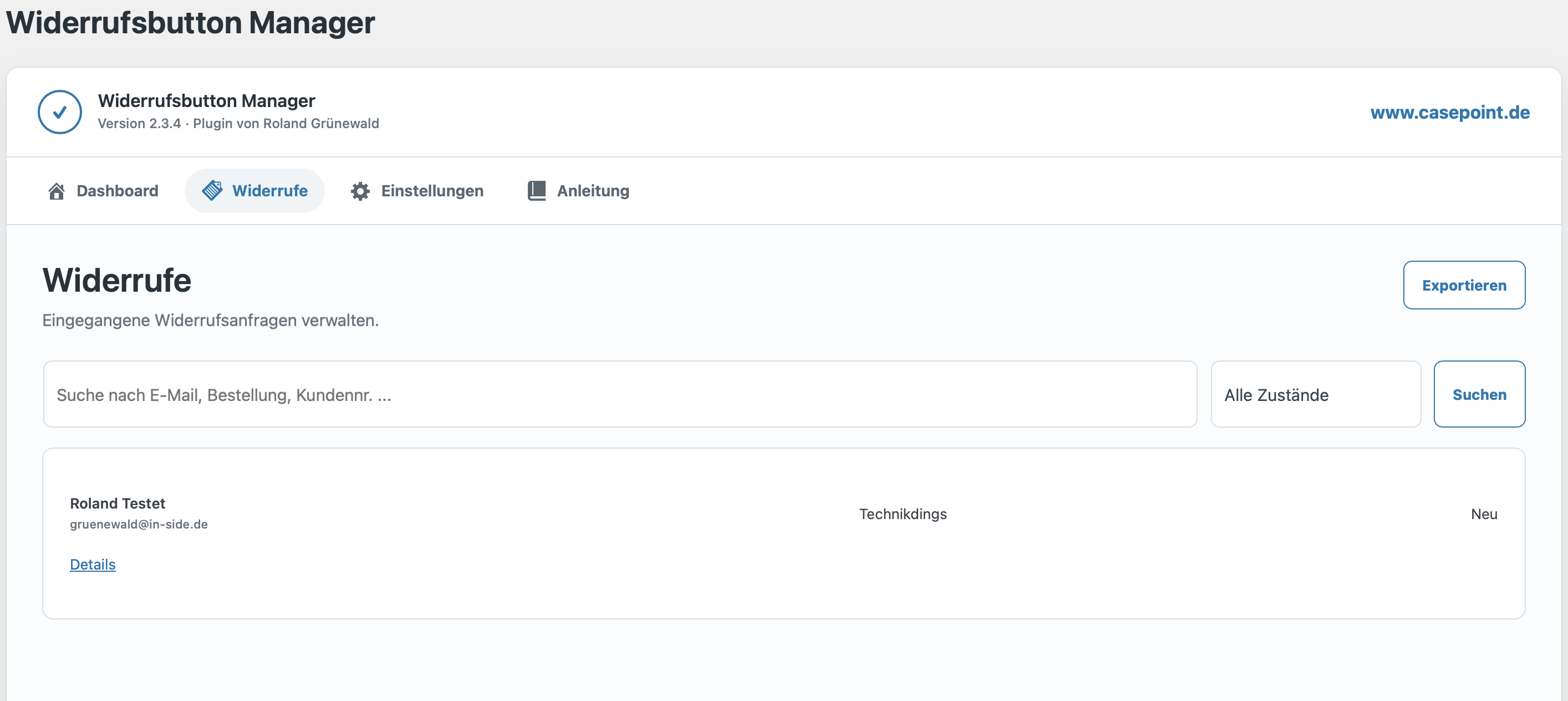 Liste eingegangener Widerrufe mit Suche, Filter und CSV-Export